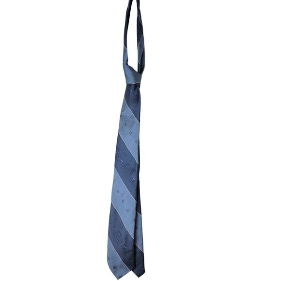 Vintage 70s Blue Silk Neck Tie Men Accessories Geometric Embroidered Formal Work - Picture 6 of 16